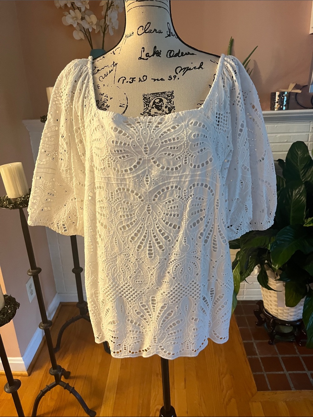 Talbots White Eyelet Square-Neck Blouse with Flutter Sleeves